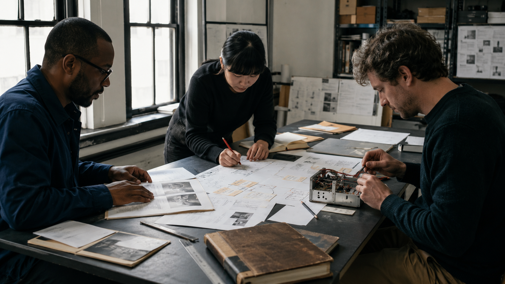 Three professionals translate field evidence and process maps into a working physical prototype