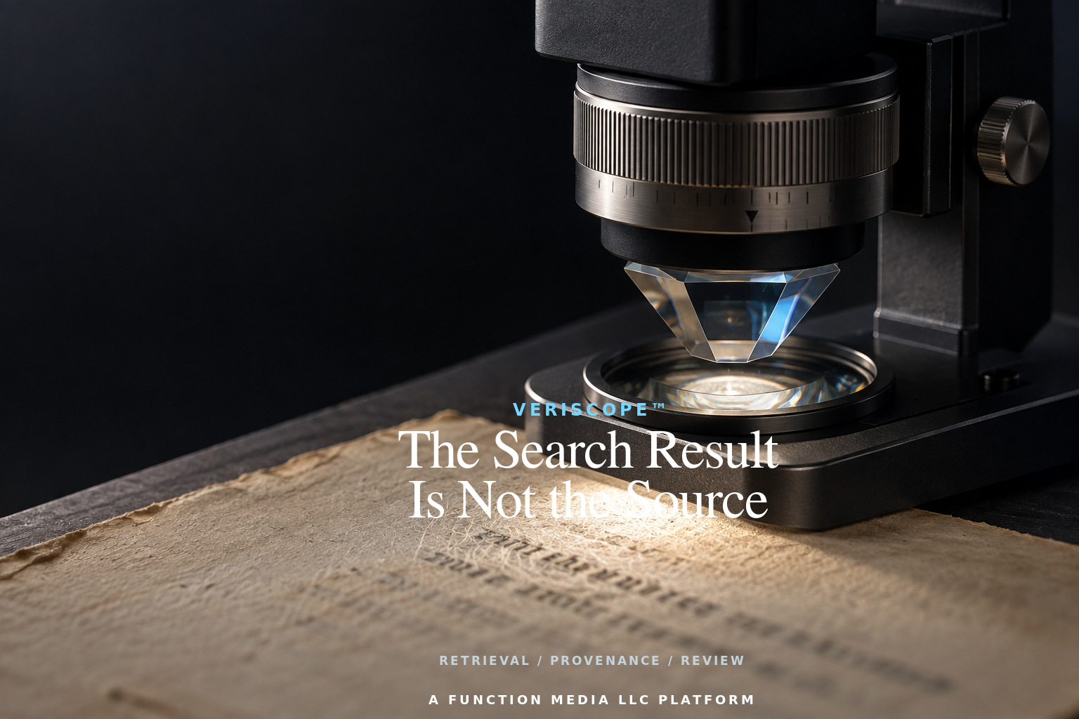 Macro optical inspection instrument examining a paper source for VERISCOPE evidence review by Function Media LLC